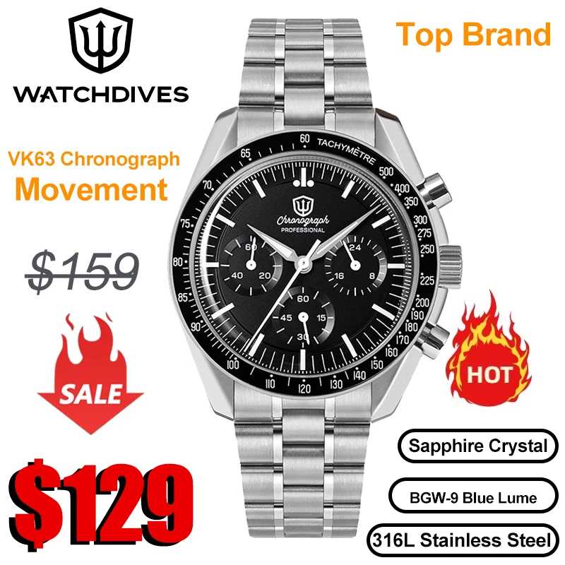 Watchdives Новые кварцевые мужские часы Wd1863 VK63 с хронографом и сапфиром, водонепроницаемые, 39 мм, стальные, лучший бренд, роскошные деловые часы Мужские часы