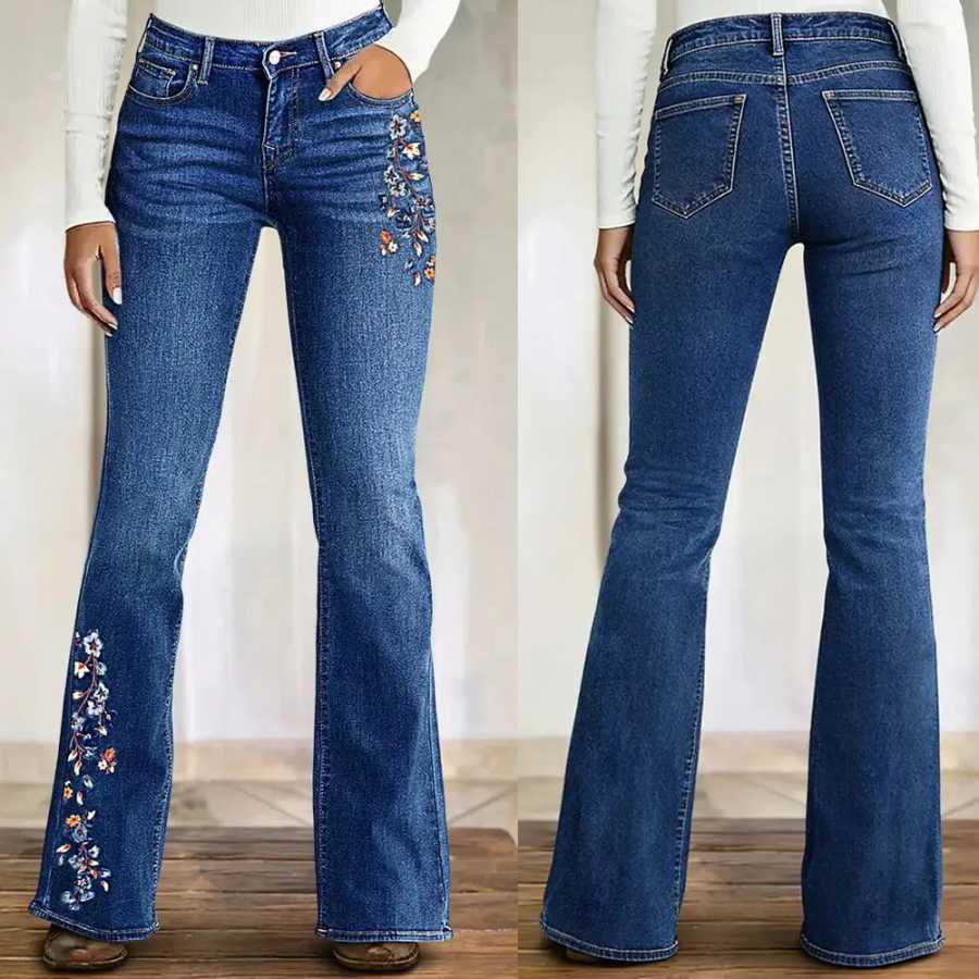 Фотография №1 товара Джинсы-клеш Bootcut с цветочной вышивкой, повседневные, винтажные, с высокой талией,