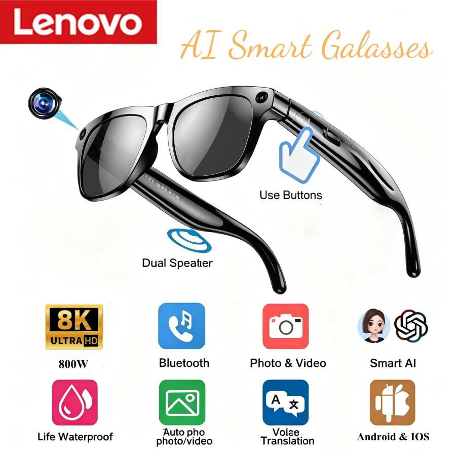 Умные AI-очки Lenovo 800W HD с камерой 8K для фото- и видеосъемки, голосовыми вызовами, переводом, водонепроницаемые, Bluetooth, AI-очки для мотоциклистов Умная электроника