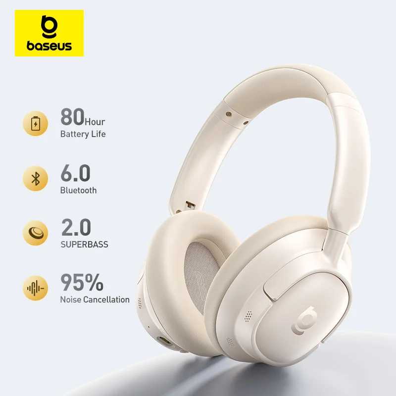 Беспроводные наушники Baseus ANC с шумоподавлением, 80 часов работы, Bluetooth 6.0 Портативное аудио и видео