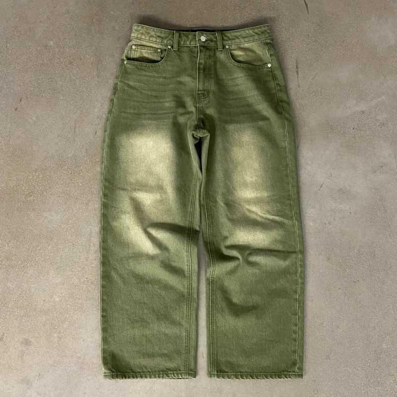 Фотография №1 товара Джинсы Y2K Street Matcha Denim с карманами, зеленые, с вышивкой