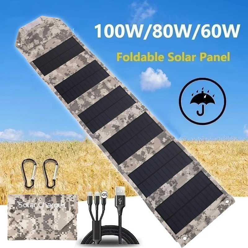 Складная солнечная панель 100 Вт/80 Вт/60 Вт, 5 В, USB портативное зарядное устройство для сотового телефона, уличный водонепроницаемый внешний аккумулятор для кемпинга Аксессуары и запчасти