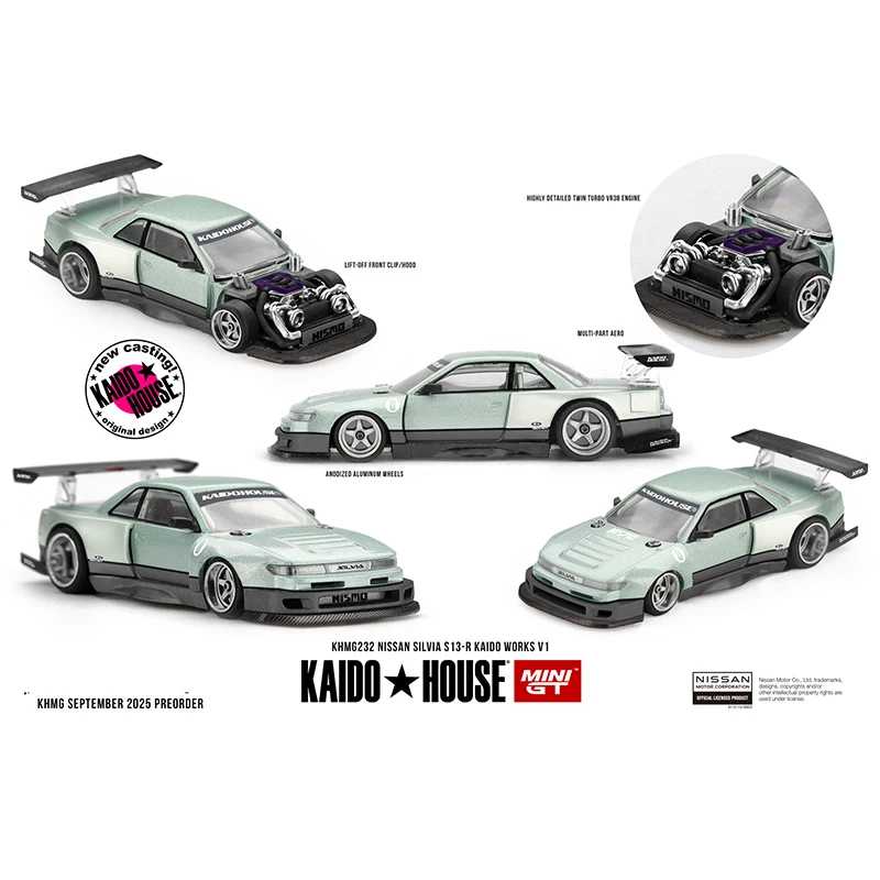 Металлическая модель автомобиля Kaido House + MINIGT Nissan Silvia S13-R KAIDO WORKS V1 KHMG232-CH, литая под давлением, для детей, игрушка для мальчиков Играйте в транспортные средства и модели