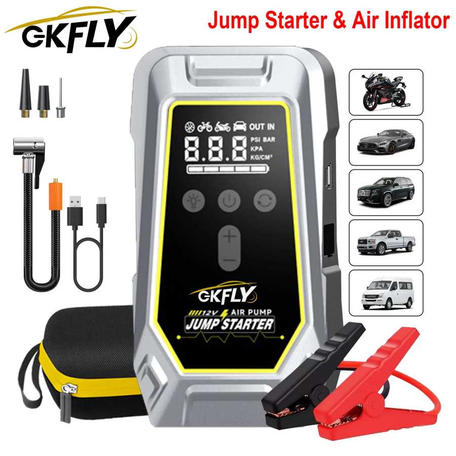 GKFLY 4000A/7000A Автомобильное пусковое устройство с компрессором 150PSI, 4-в-1, 12В, портативный бустер для аккумулятора, внешний аккумулятор, насос для подкачки шин Автоэлектроника