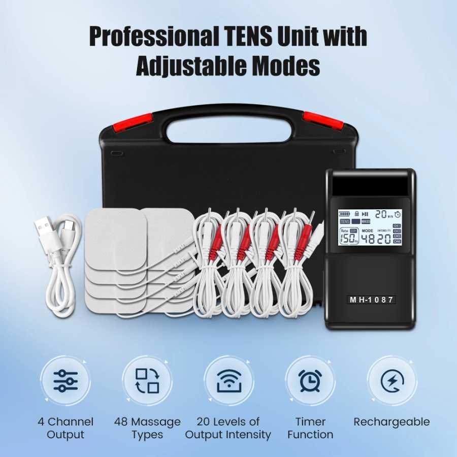 Цифровой TENS-аппарат, 4-канальный электростимулятор, перезаряжаемый стимулятор мышц тела с 20 уровнями интенсивности для снятия боли Массаж и расслабление