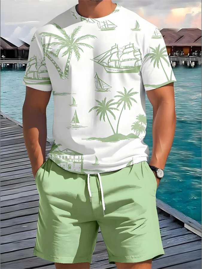 2 Piece Summer Casual Everyday Men's Short Sleeve Shorts Set Hawaiian Print Men's T-shirt Outdoor Sports Men's Beach Shorts Мужские комплекты (новые)