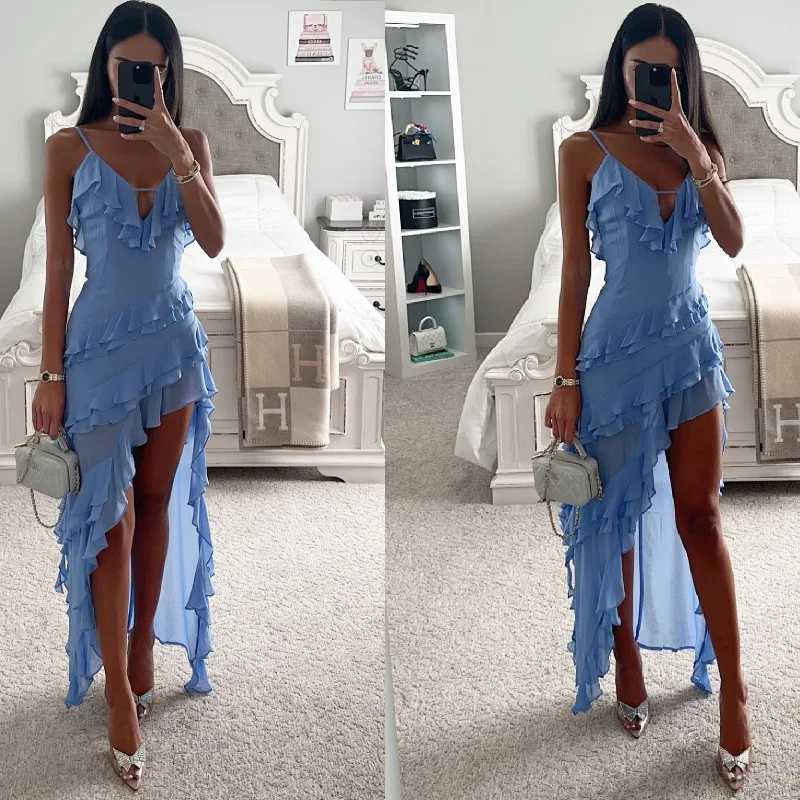 Kobieta nieregularne frędzle letni trend obcisły rozcięcie Maxi Bodycon urodziny odzież klubowa Vestidos niebieskie eleganckie damskie sukienki na ramiączkach Платья