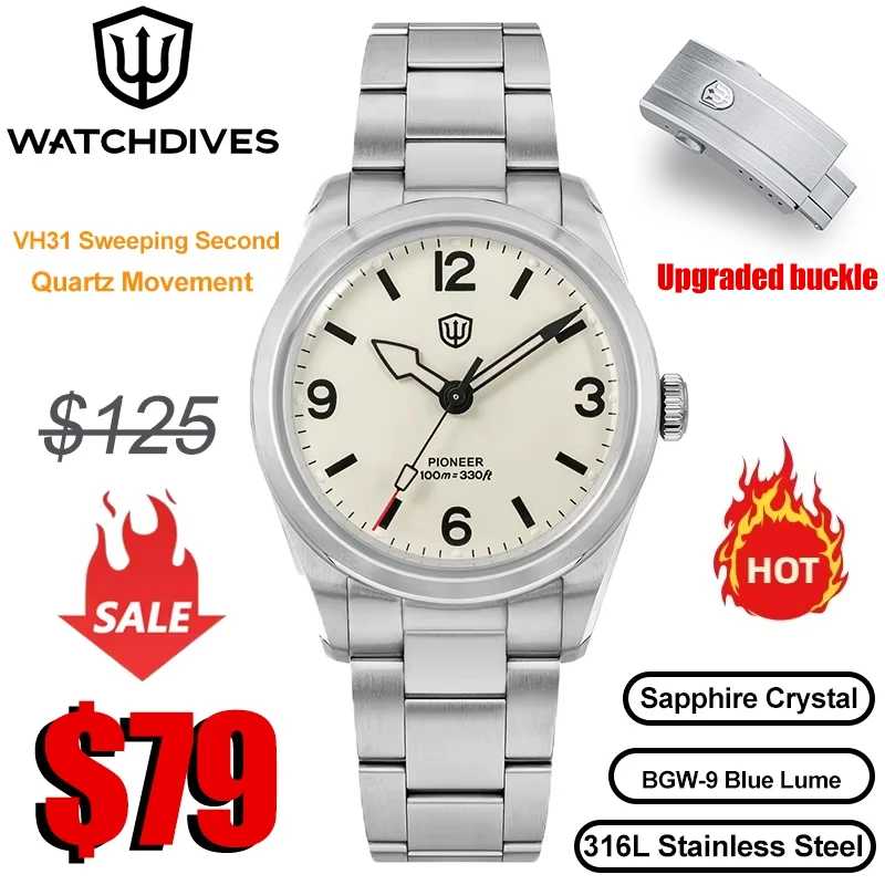 Часы Watchdives WD1960S V2 с механизмом VH31, секундным стрелочным механизмом, из нержавеющей стали, с сапфировым стеклом, деловые наручные часы, винтажные часы Мужские часы