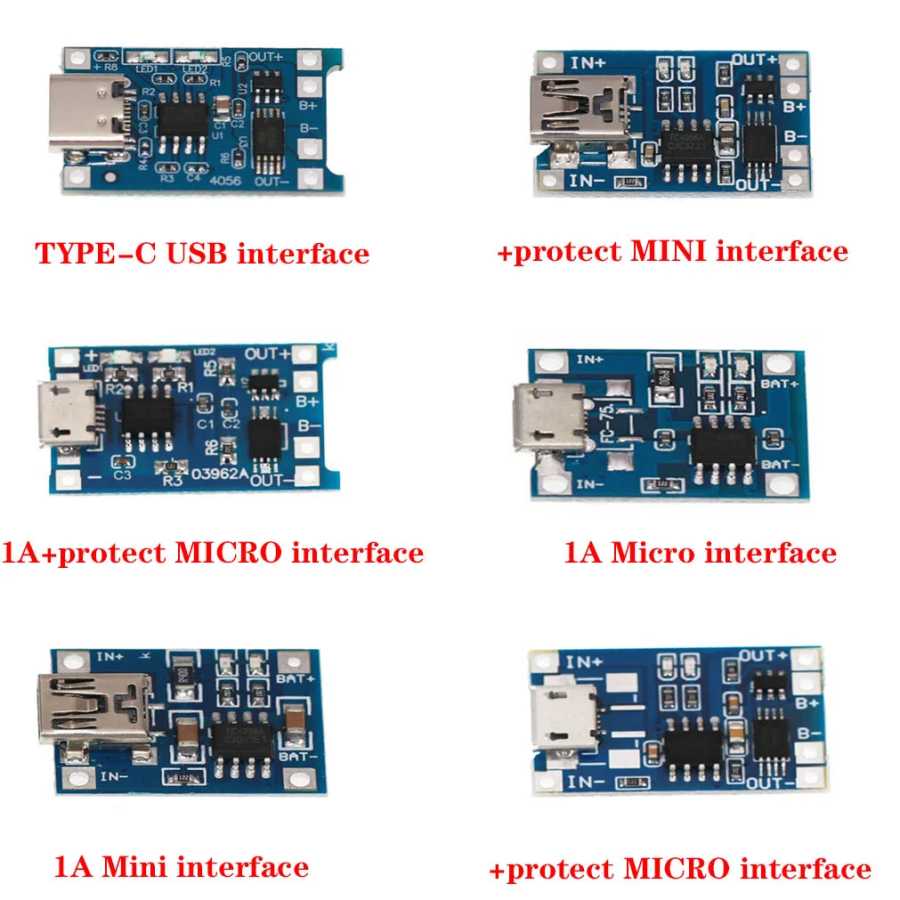 1-5 шт. Модуль зарядки литиевых аккумуляторов 18650 TP4056 Type-C/Micro/Mini USB 5В 1А с защитой, двойная функция, 1А Электрика