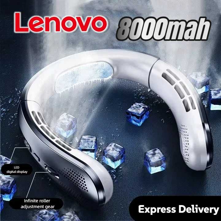 Портативный бесшумный вентилятор на шею Lenovo 8000 мАч с LED-дисплеем, USB-зарядкой и цифровым дисплеем, электрический охладитель воздуха, USB-вентилятор для рук Техника для дома