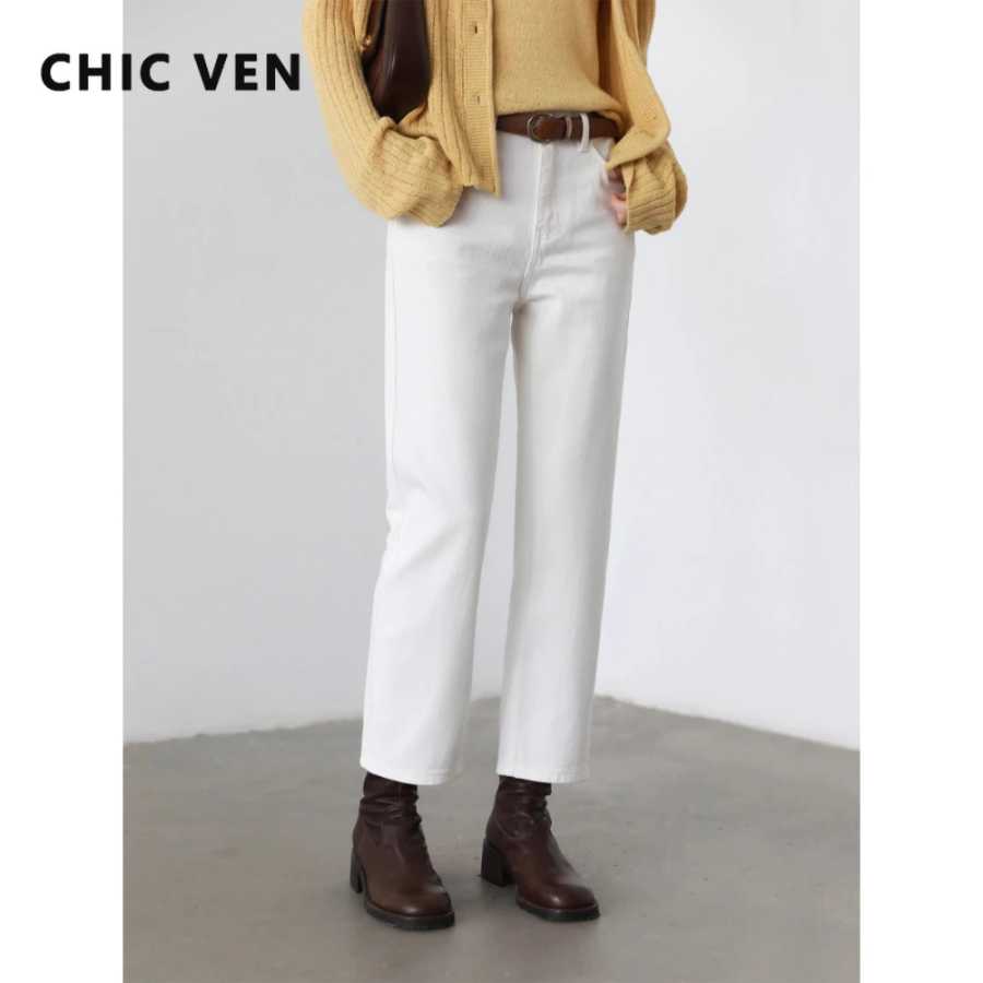 Женские брюки CHIC VEN: белые, приталенные, с высокой талией, из хлопка, прямого кроя, повседневные, зауженные джинсы, брюки для девушек, весна-осень 2026 Брюки и бриджи