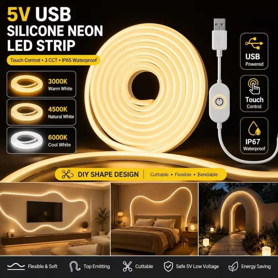 Силиконовая USB LED-лента, гибкая, с регулировкой яркости и 3 цветовыми температурами, сенсорное управление, для декора стола, спальни, ночник Внутреннее освещение