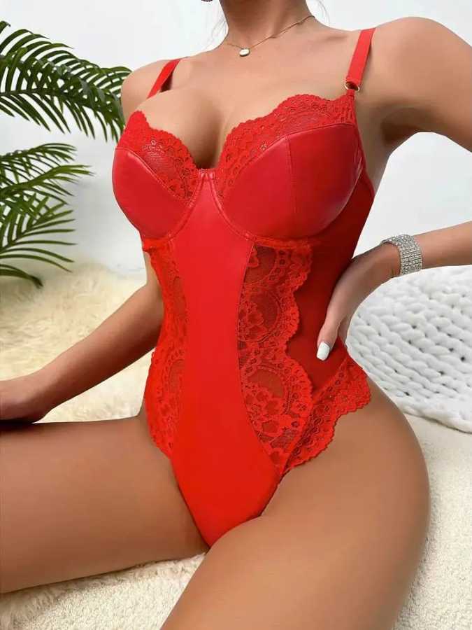 Фотография №5 товара S-XXL боди из искусственной кожи с v-образным вырезом, кружевной сетчатый