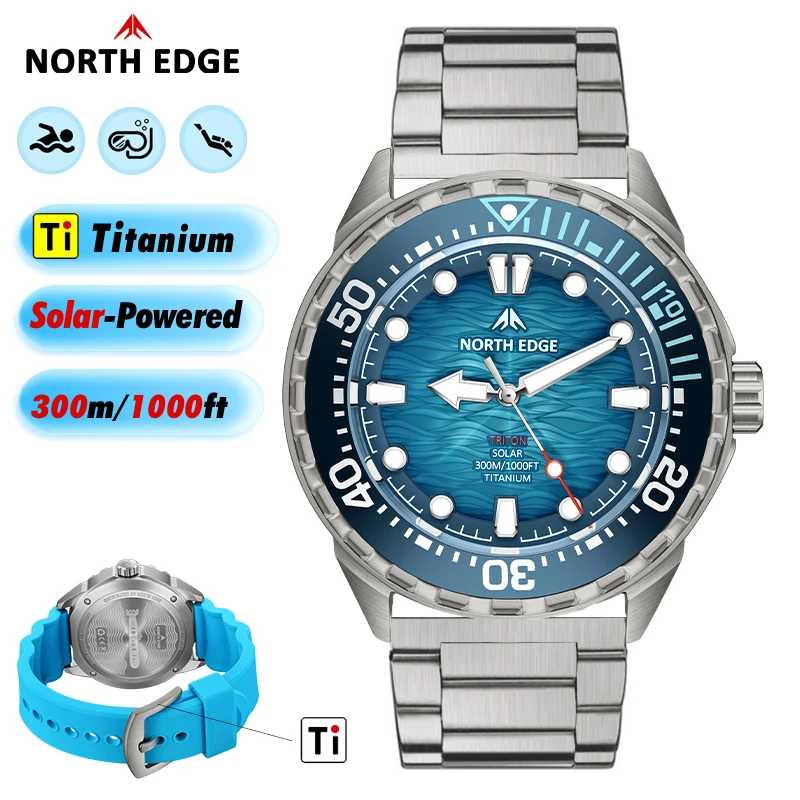 Наручные часы NORTH EDGE TRITON-TI из титана и нержавеющей стали с солнечной батареей, водонепроницаемые до 300 м, кварцевые, для мужчин, роскошные, с запасом хода более 180 дней. Мужские часы