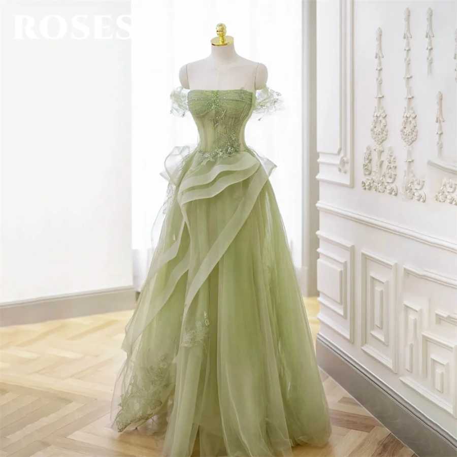 ROSES Sage Green Платье для выпускного вечера с аппликацией из тюля Платья знаменитостей Многоуровневое плиссированное женское вечернее платье Милое вечернее платье 프롬 드 Платья для особых случаев