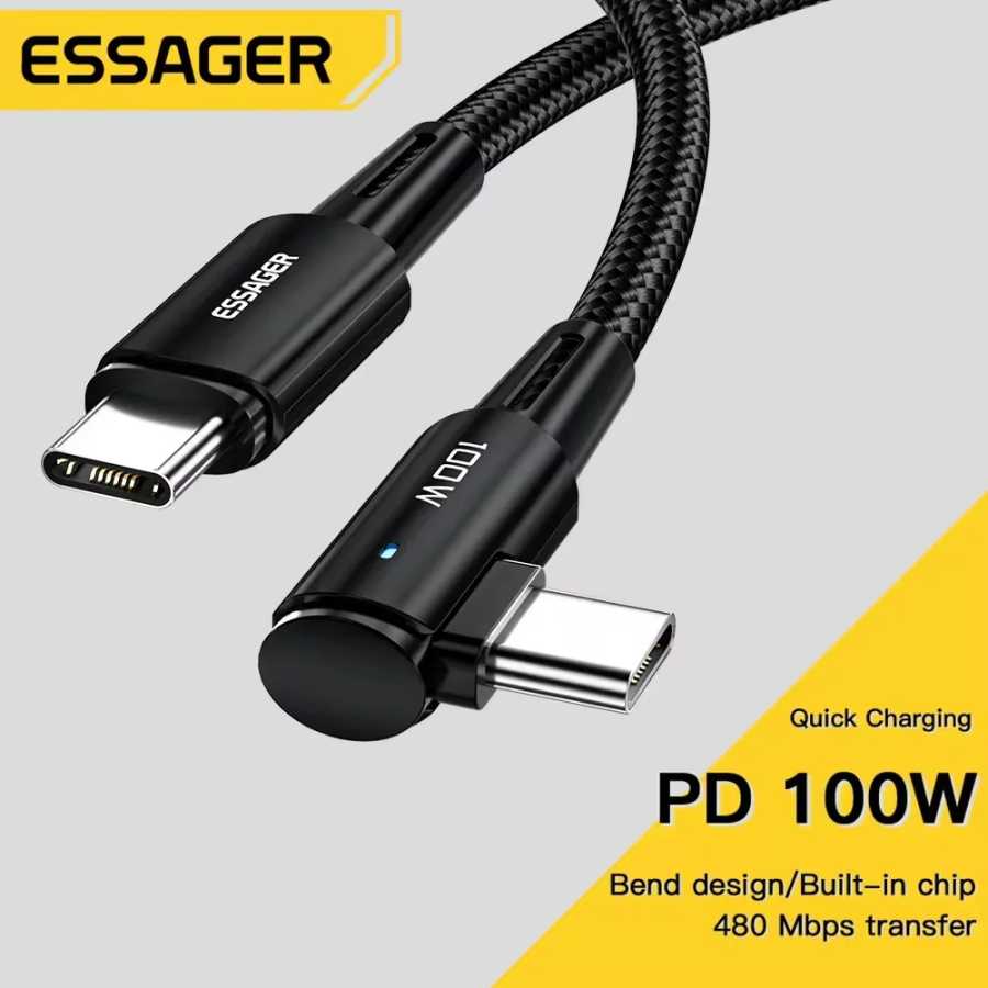 Essager 100 Вт USB-кабель типа C к USB C, угол 90 градусов для iPad MacBook Pro Xiaomi Samsung Huawei, быстрая зарядка, провод даты типа C Аксессуары для мобильных телефонов