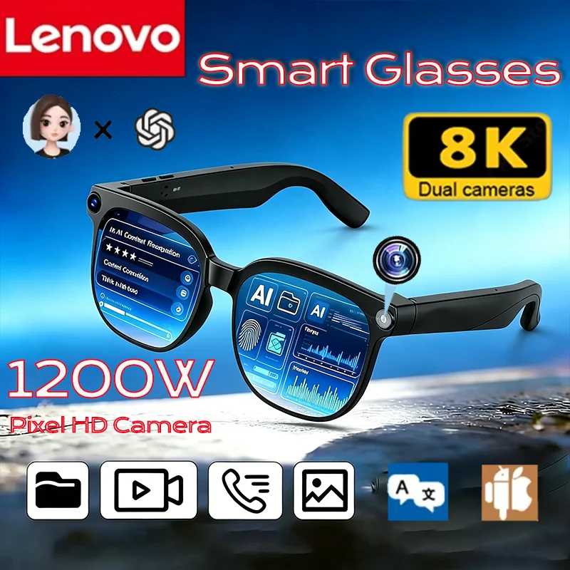 Умные очки Lenovo AI с сенсорным управлением, камерой 8K, функцией записи, переводчиком, голосовым помощником, музыкой и беспроводным Bluetooth, солнцезащитные очки Умная электроника