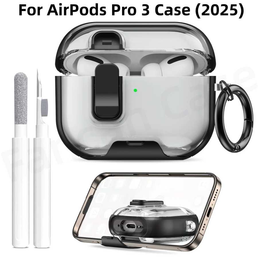 Чехол для AirPods Pro 3 2025 с подставкой для телефона и комплектом очистителя Защитный чехол для всего тела для AirPods Pro 3 с брелоком для женщин и мужчин 