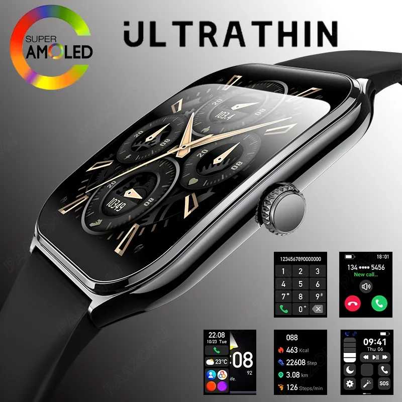 Новые ультратонкие умные часы для мужчин с AMOLED HD-дисплеем 1,96 дюйма, всегда отображающим время, с функцией напоминания о звонках по Bluetooth, умные часы для женщин, совместимые с Android и iOS. Умная электроника