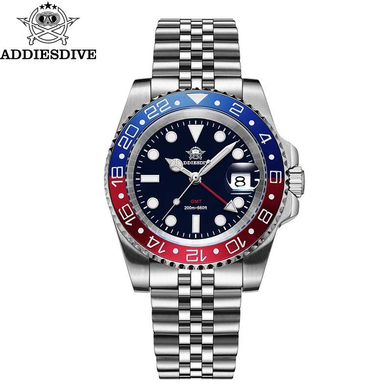 Мужские часы ADDIESDIVE AD2050 GMT, швейцарские часы Ronda 515-24 BGW9, суперсветящиеся, водонепроницаемые на 20 бар, кварцевые часы из нержавеющей стали 316L Мужские часы