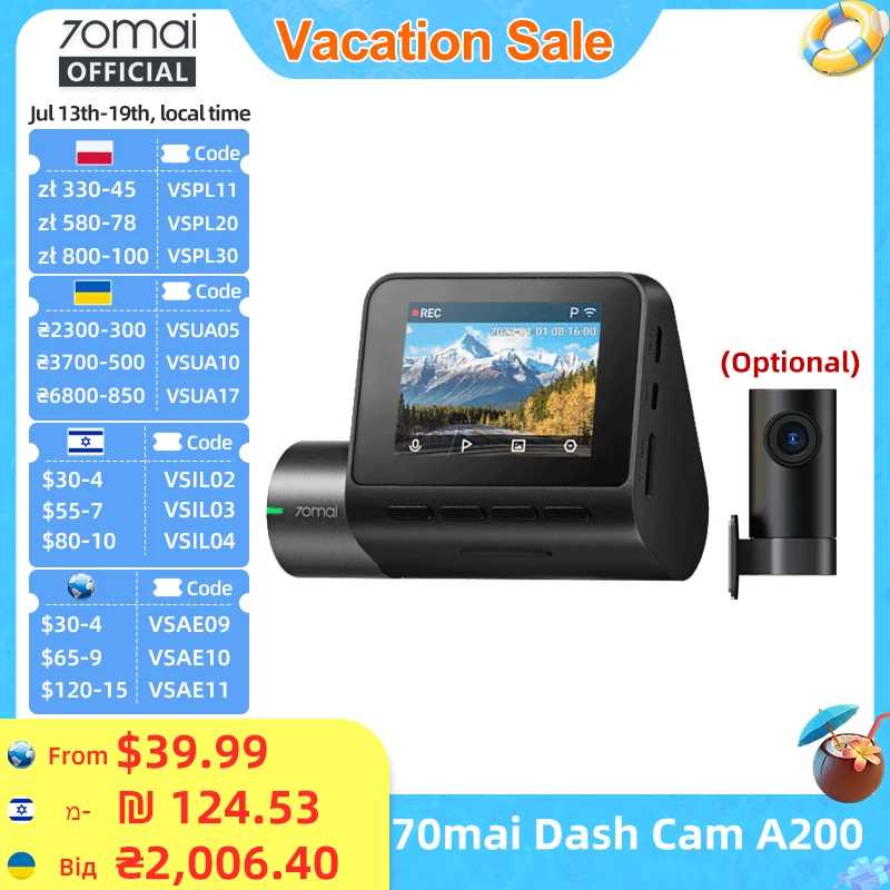 Глобальная версия 70mai Dash Cam A200: двухканальная запись 1080P HDR, 2-дюймовый IPS-экран, 24-часовой мониторинг парковки, автомобильный видеорегистратор 70mai A200 с Wi-Fi и управлением через приложение, угол обзора 130&deg; &deg; FOV Автоэлектроника