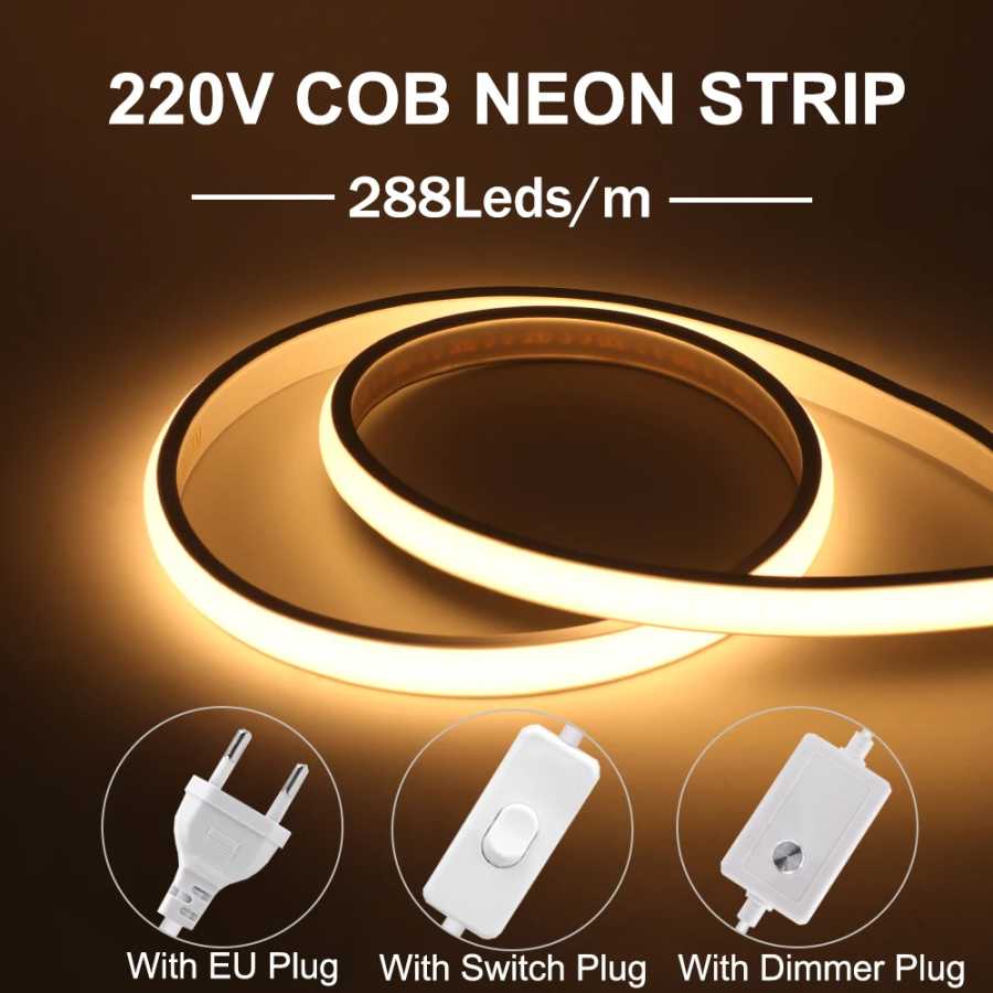 Высокая яркость 220 В COB неоновая светодиодная лента с регулируемой яркостью 288 светодиодов/м водонепроницаемая светодиодная лента для спальни, кухни, наружного освещения Светодиодная подсветка
