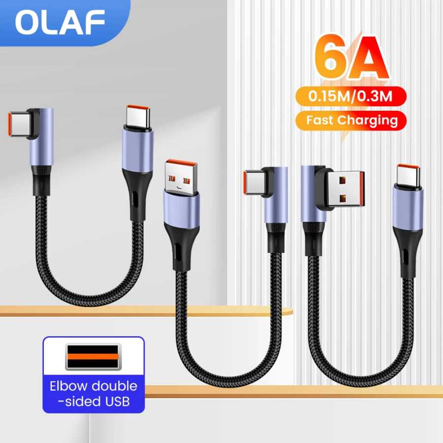 Olaf 90-градусный локоть короткий кабель 6А USB-кабель типа C для быстрой зарядки Power Bank 15 см 30 см USB C кабель для передачи данных для iPhone 15 16 Аксессуары для мобильных телефонов