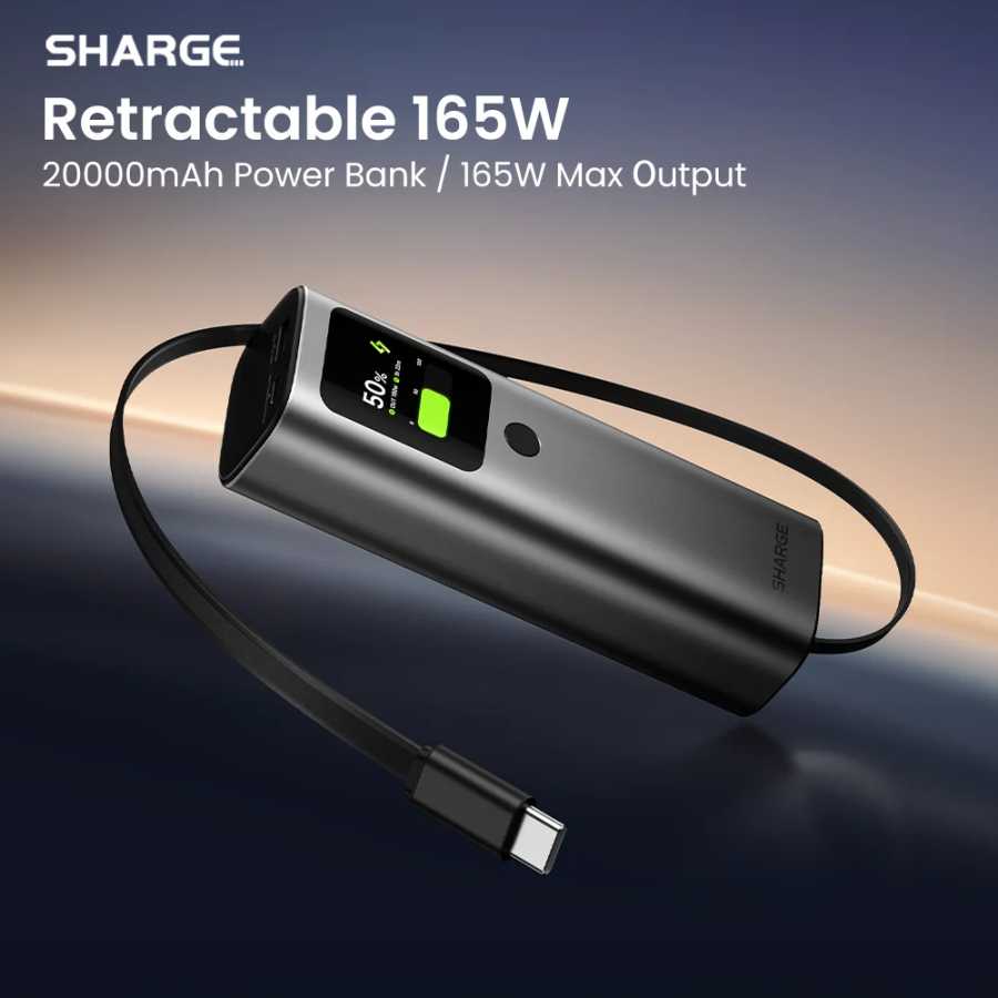 Внешний аккумулятор SHARGE 165W для ноутбуков, 20000 мАч, 3 порта быстрой зарядки, со встроенными выдвижными кабелями для MacBook, iPhone 17, iPad Аксессуары для мобильных телефонов