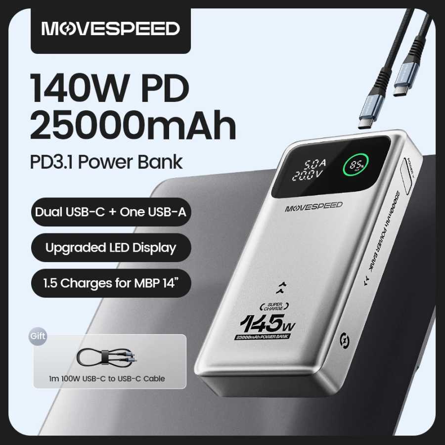 MOVESPEED M25 100 Вт Power Bank 25000 мАч Тип C Портативное зарядное устройство с быстрой зарядкой Аккумулятор 145 Вт Макс. Powerbank для iPhone MacBook Ноутбук Аксессуары для мобильных телефонов