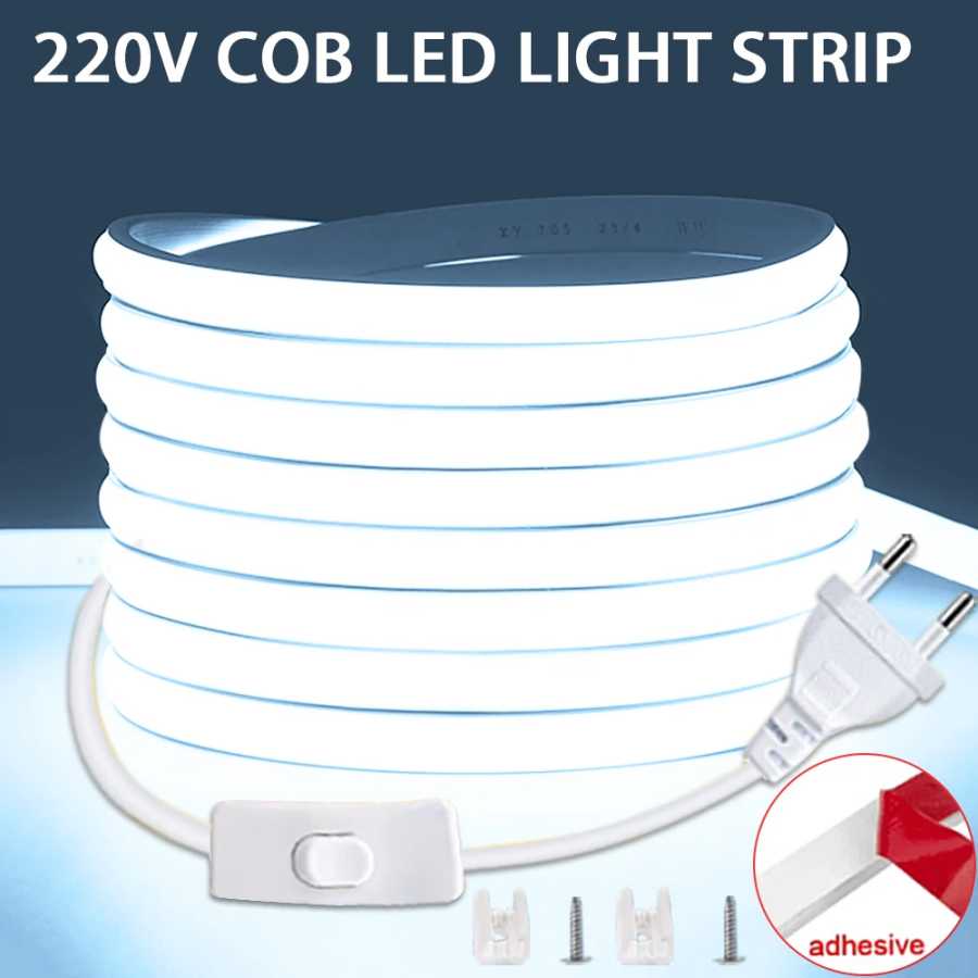 Светодиодная лента COB 220 В, переключатель включения/выключения с вилкой европейского стандарта, светодиодная лента 220 В, гибкая лента для лампы для кухни, домашнего декора комнаты Светодиодная подсветка