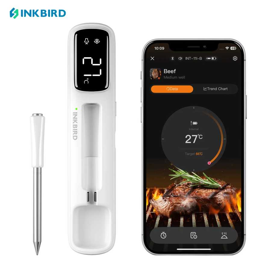INKBIRD INT-11I-B Мини-беспроводной термометр для мяса, Bluetooth 5,4, 1000 футов, отклик 1 с, IP67 26 предустановлений, светодиодный дисплей, для барбекю/девочек Инструменты для измерения и анализа