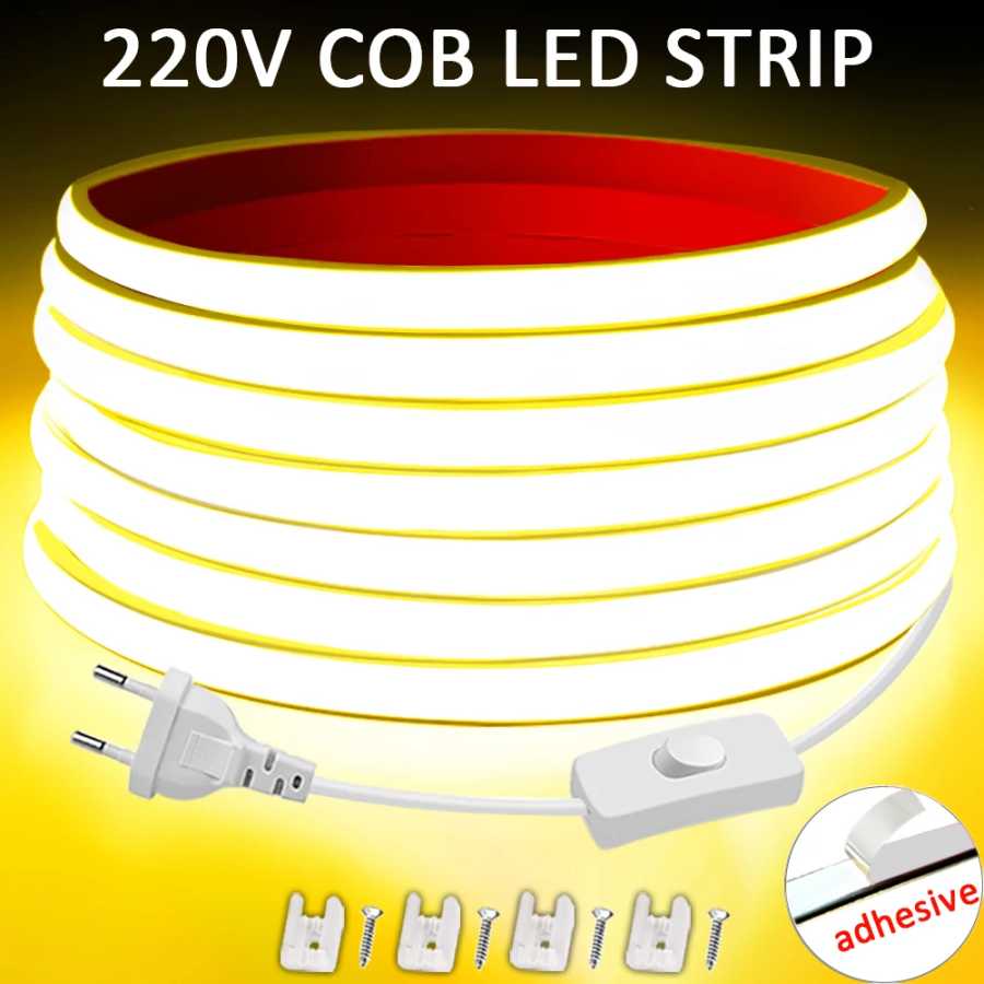 Светодиодная лента 220В, высокая яркость, COB LED, гибкая лента 220В для освещения комнат, спален, кухонь Светодиодная подсветка