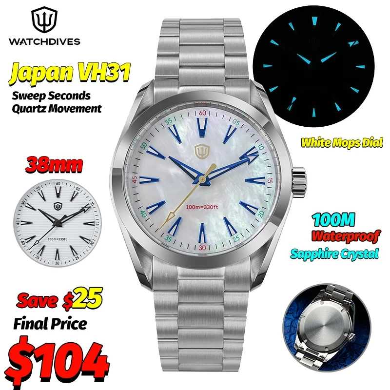 Watchdives WD0006B VH31 Кварцевые наручные часы Белый циферблат для швабр AR Сапфировый светящийся BGW9 100M Водонепроницаемые часы из нержавеющей стали 38 мм Мужские часы