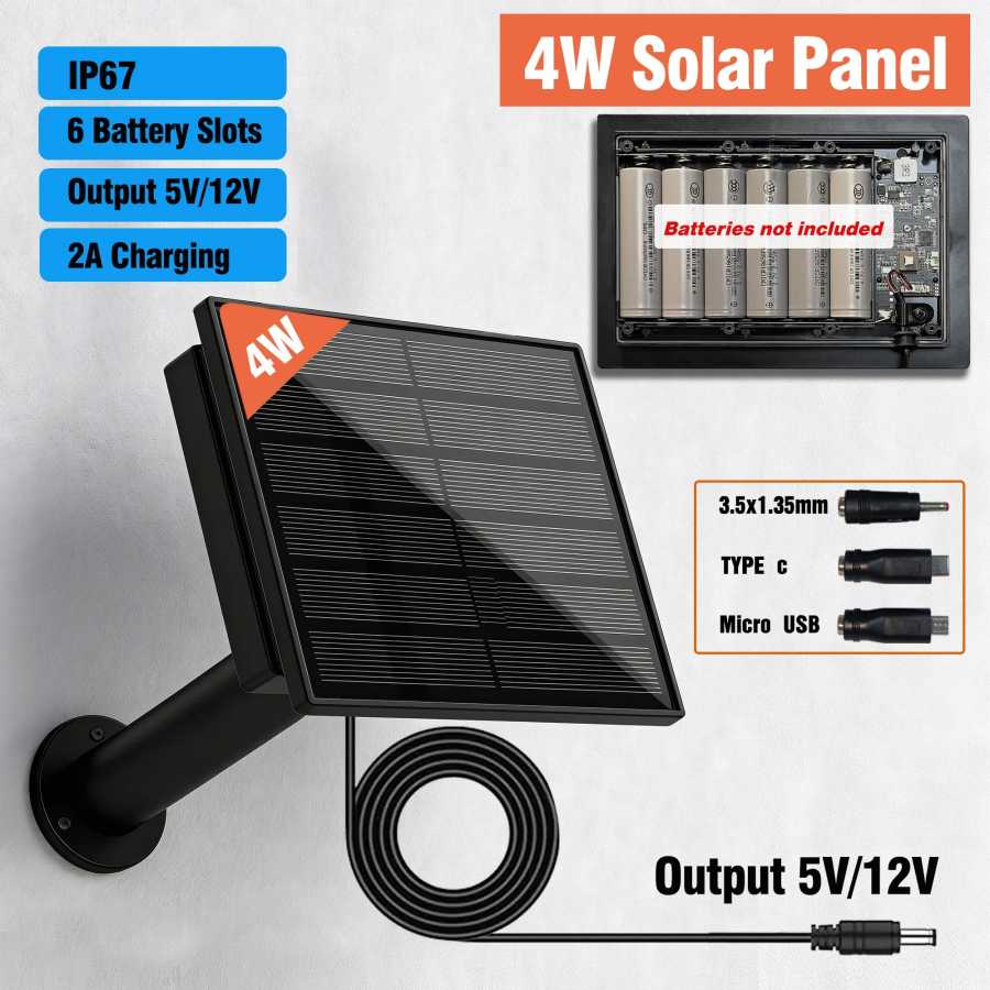 Солнечная панель 4W с выходом 5V 12V 2A для зарядки аккумуляторов, с разъемами Micro USB и Type-C, водонепроницаемая, для использования на улице, для датчиков движения и охотничьих устройств Аксессуары и запчасти