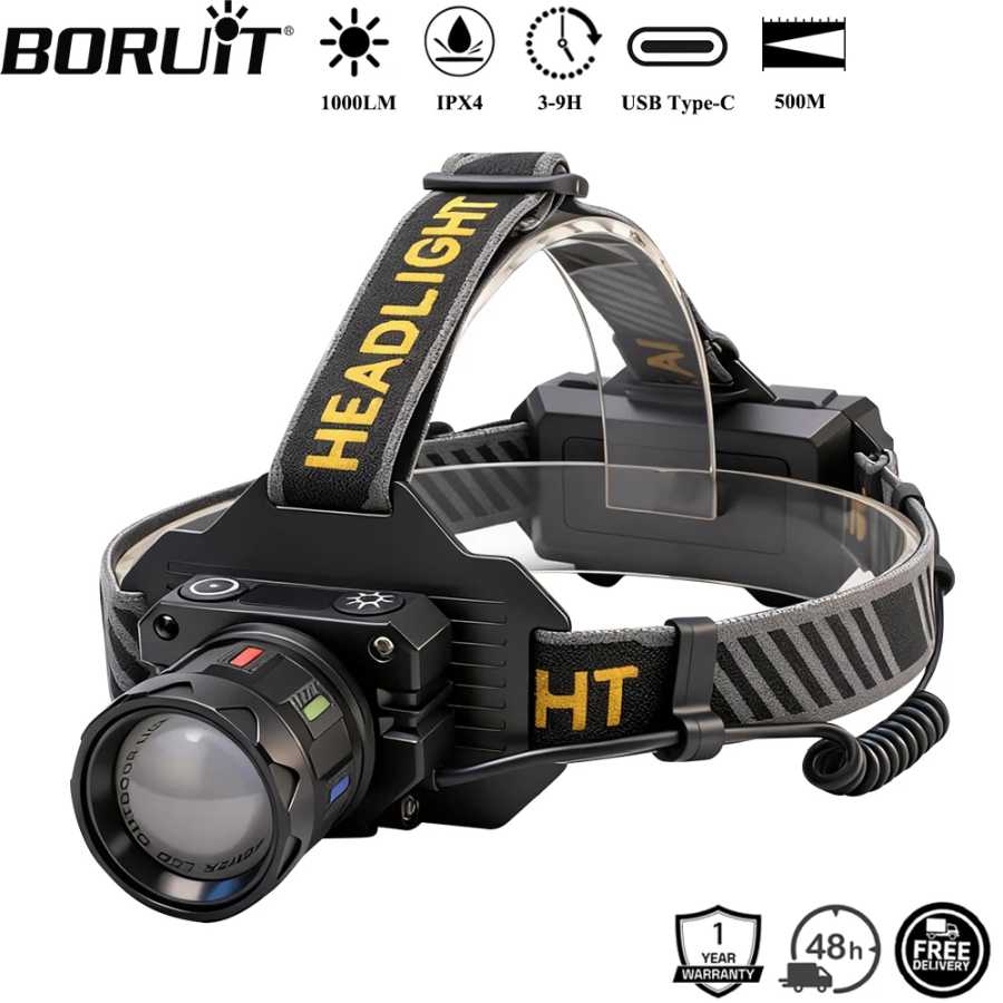BORUiT 500 м длинный датчик движения светодиодный налобный фонарь с зумом 1000LM Type-C перезаряжаемая фара водонепроницаемый налобный фонарь для кемпинга Портативное освещение