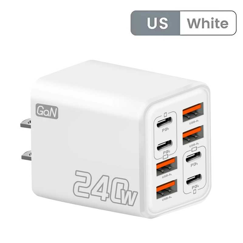 Зарядное устройство GaN USB-C 240 Вт, 8-в-1, быстрая зарядка, адаптер с вилкой стандарта США, портативный источник питания для Samsung, Xiaomi, с функцией экономии заряда кабеля Аксессуары для мобильных телефонов