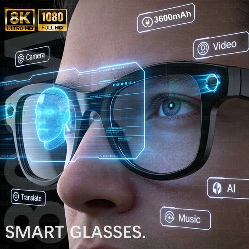 Умные очки AI 2026 M02 Ultra с камерой 1080P HD, ChatGPT, зарядным кейсом-пауэрбанком 3600 мАч, 32 ГБ памяти, функцией перевода, музыкой и видео Умная электроника
