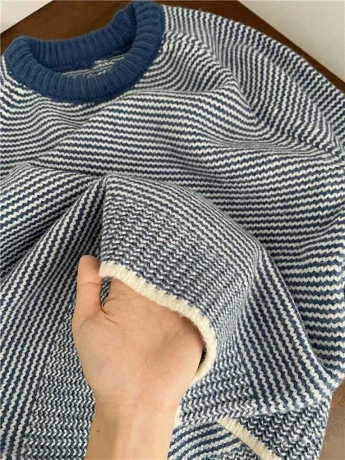 Фотография №3 товара Синий полосатый свитер для женщин Y2K, осень-зима, свободный лоскутный пуловер