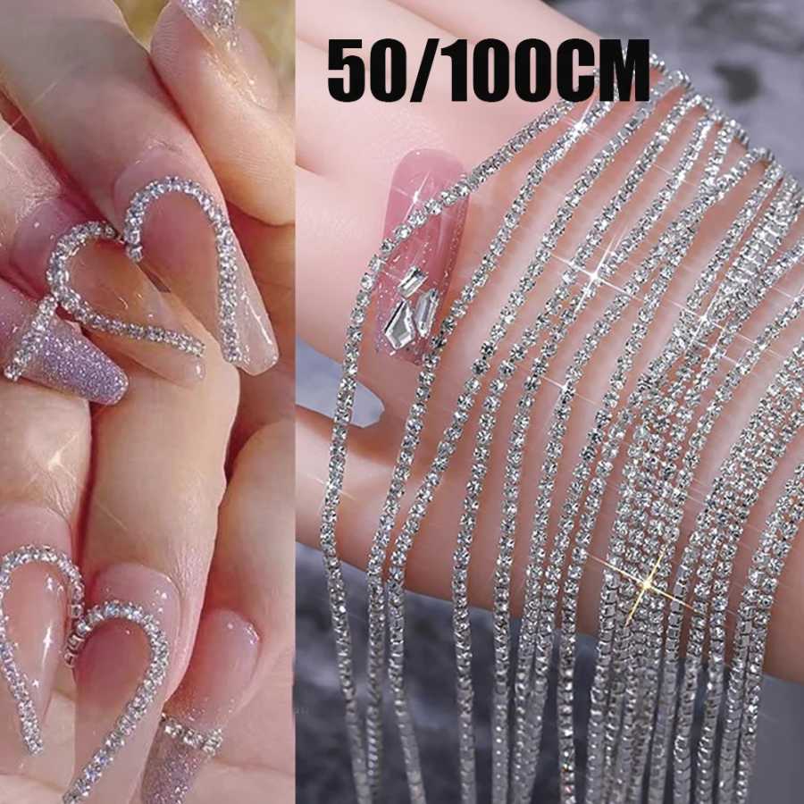 100/50 см длинная роскошная хрустальная цепочка для ногтей, подвески для ногтей 1,5/2 мм, блестящие прозрачные/AB бриллианты, дизайн ногтей, металлическая сталь, кристалл французского маникюра Инструменты для дизайна ногтей
