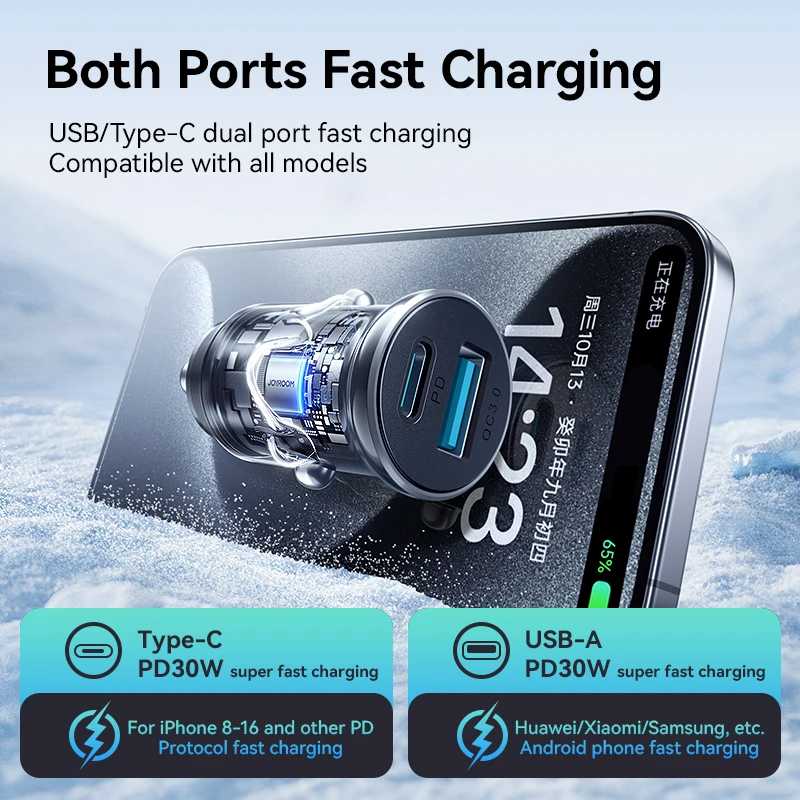 Фотография №1 товара Автомобильное зарядное устройство Joyroom 30W Mini PD QC3.0 USB Type-C