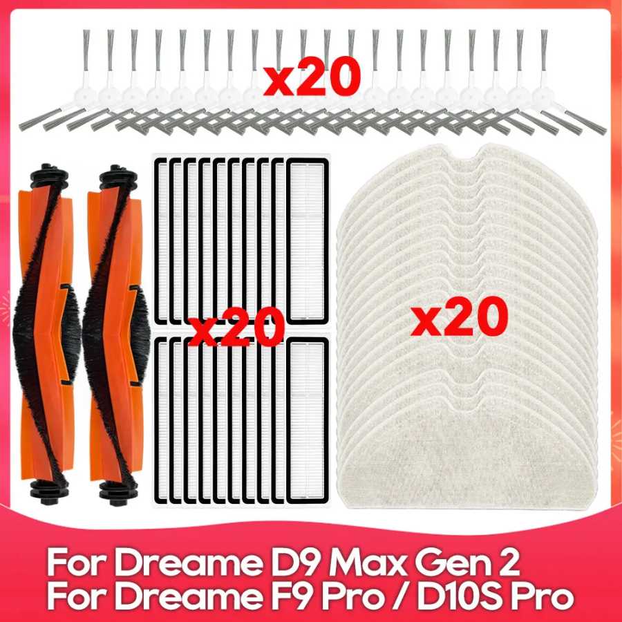 Совместимо с ( Dreame F9 Pro, D10S Pro, D9 Max Gen 2, RLD34GA ) Запасные части для робот-пылесоса: роликовая щетка, боковая щетка, фильтр, ткань для мытья 