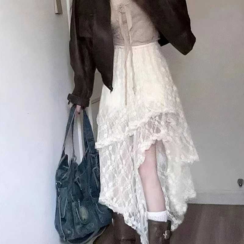 Фотография №4 товара Кружевная асимметричная юбка Fairycore, женские винтажные Y2K Boho, эстетические модные