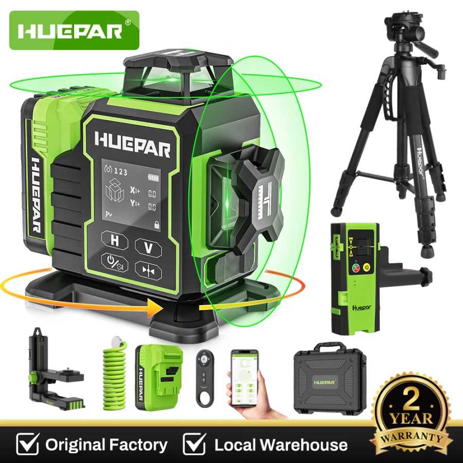 Huepar W03CG Набор 3D 12-линейный лазерный уровень со штативом-детектором 360 &deg; Cross Lines Bluetooth Электрическое вращающееся основание ЖК-экрана Пульт дистанционного управления Инструменты для измерения и анализа