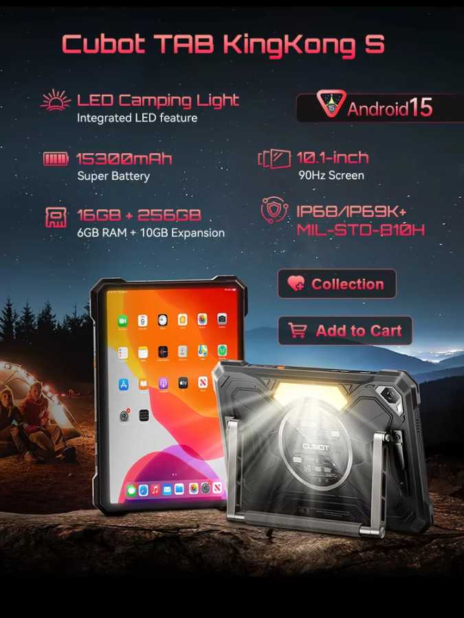 Планшет Android 15 Cubot TAB KingKong S, аккумулятор 15300 мАч, 16 ГБ (6+10), 256 ГБ, 10,1-дюймовый дисплей 90 Гц, кемпинговый фонарь, камера 48 МП Планшеты