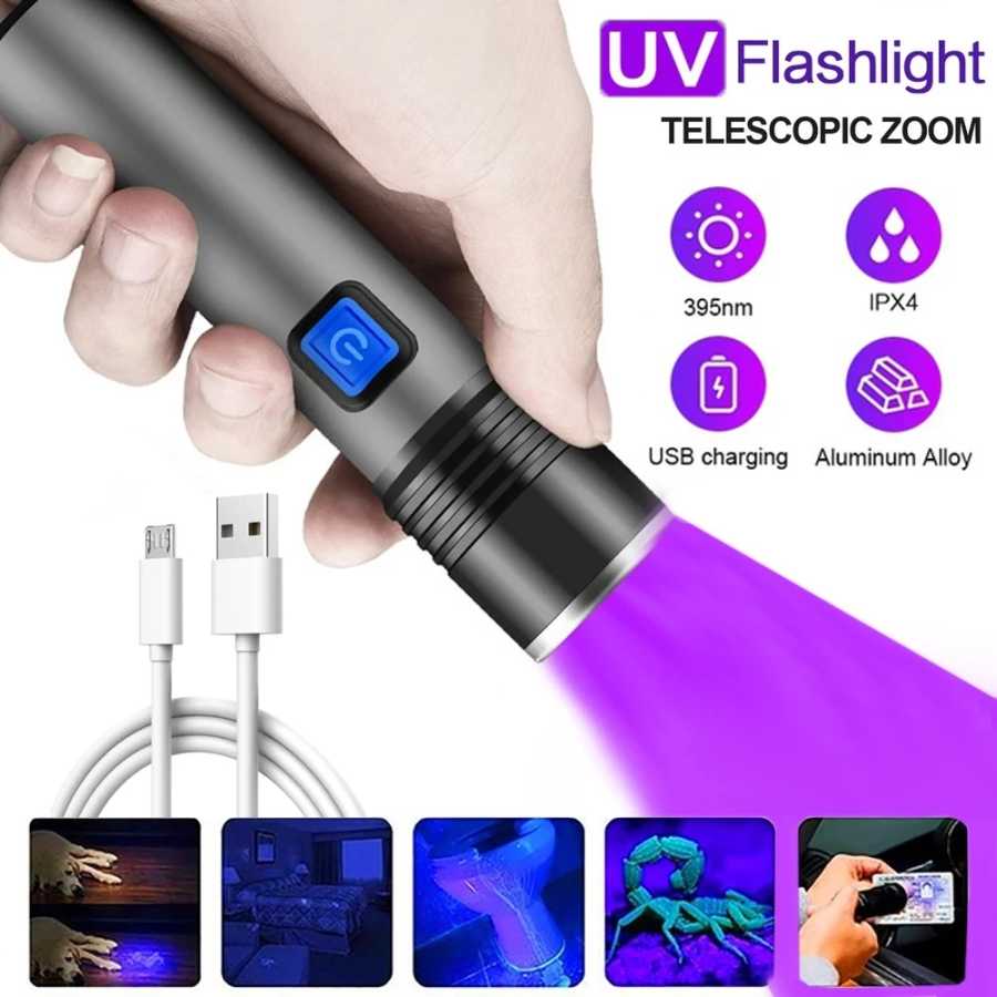 USB перезаряжаемый 365 нм УФ-фонарик алюминиевый портативный ультрафиолетовый фонарик черный свет детектор мочи домашних животных черные фонарики Портативное освещение