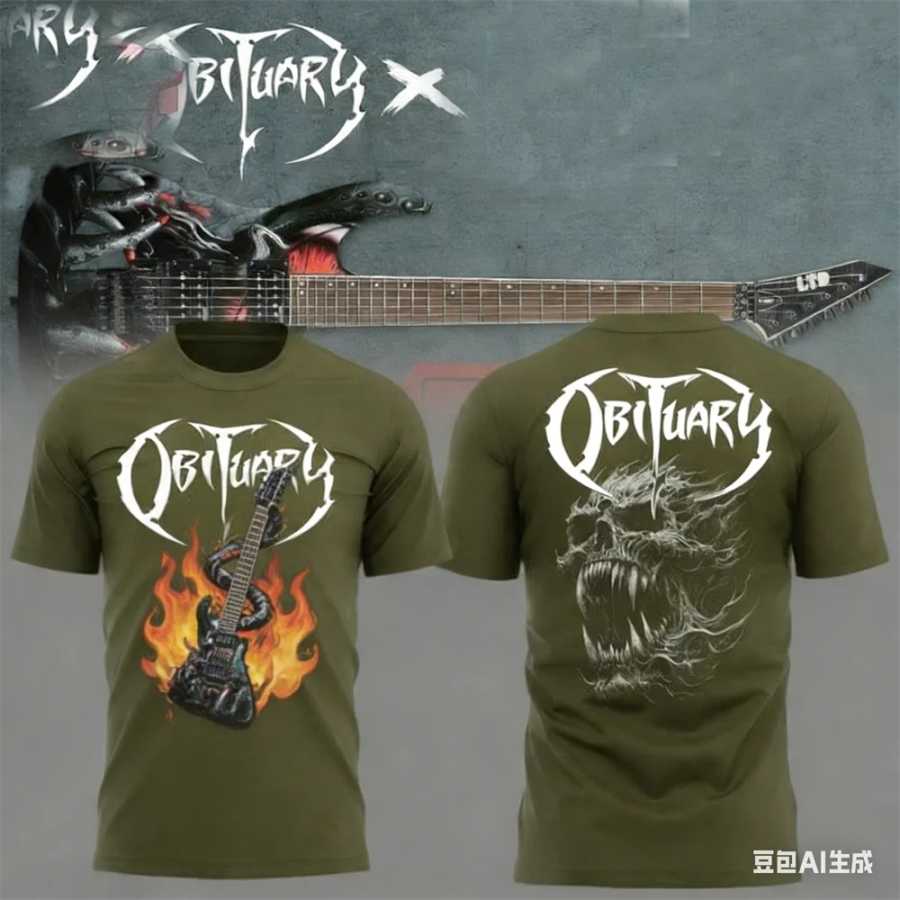 Фотография №3 товара Летняя мужская футболка New Rock Obituary Band с принтом черепов,