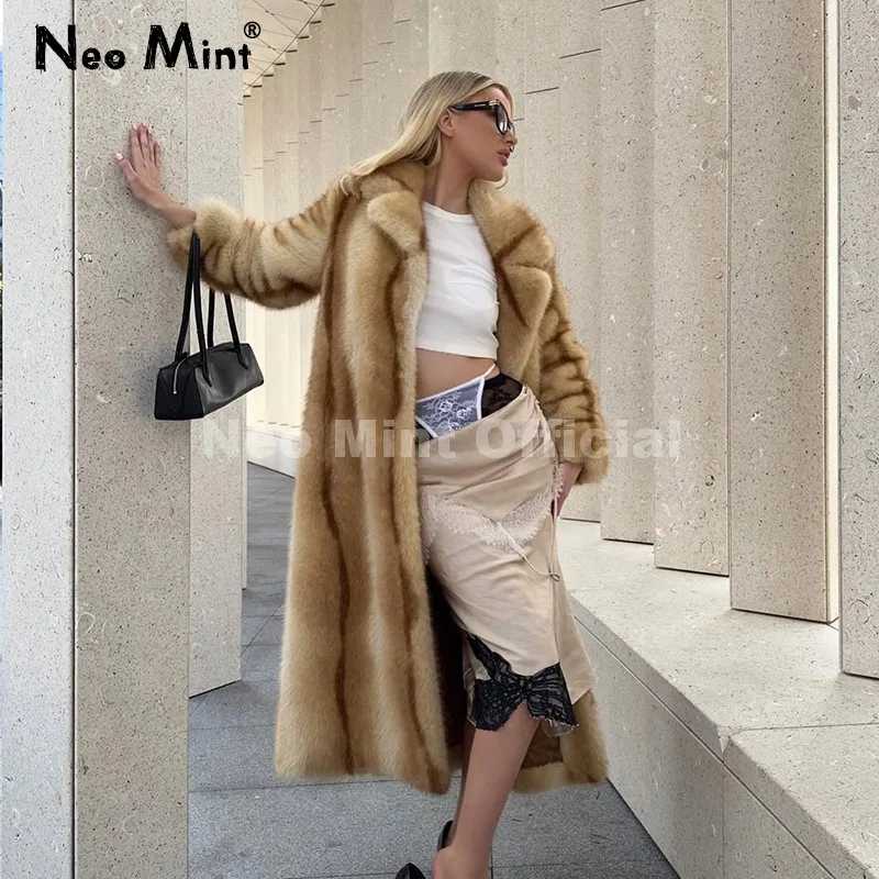 Neo Mint Runway Fashion Желтое полосатое длинное пальто из искусственного меха Куртка женская зимняя брендовая пушистая пальто из лисьего меха Верхняя одежда для девочек Одежда из меха