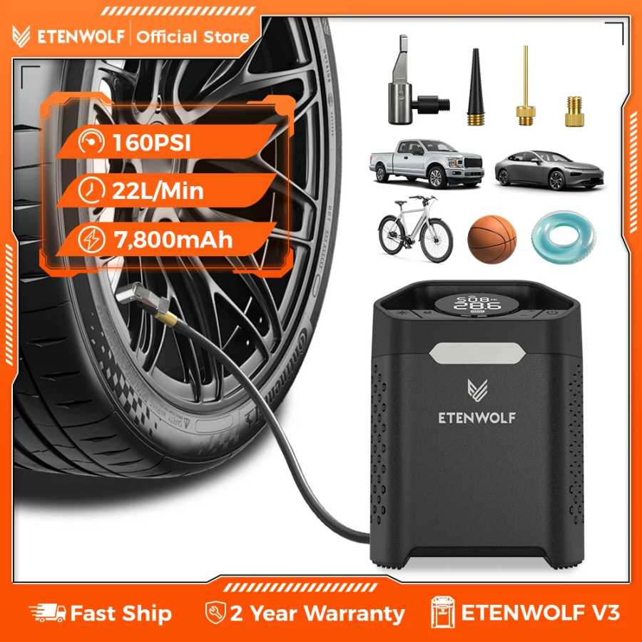 Новый портативный насос для накачки шин ETENWOLF V3, 160 фунтов на квадратный дюйм, автомобильный компрессор, 100% рабочий цикл, 7800 мАч, воздушный насос для автомобилей, мотоциклов, велосипедов Мытье и уход за машиной