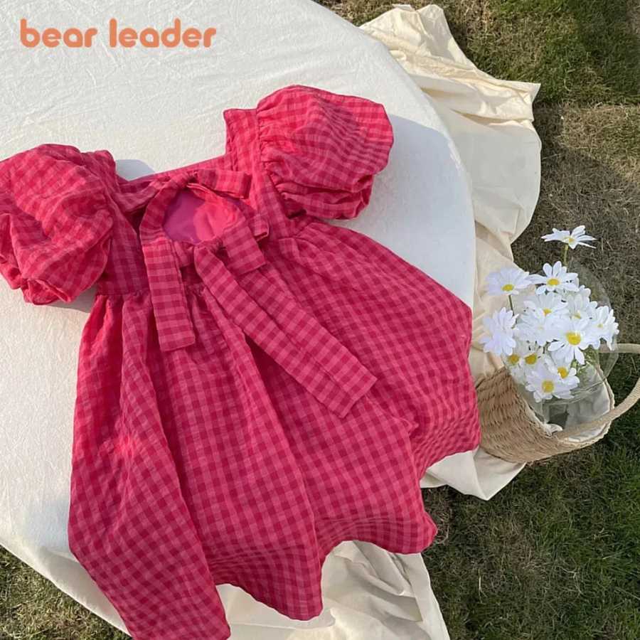 Розовое клетчатое платье с бантом Bear Leader, элегантное платье миди в стиле Лолиты для больших девочек, детские платья, праздничный сарафан принцессы для подростков Детская одежда