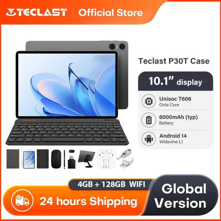 Планшет Teclast P30T, 10.1 дюйма, процессор Unisoc T606 (8 ядер), 4 ГБ ОЗУ (+8 ГБ виртуальной памяти), 128 ГБ памяти, аккумулятор 6000 мАч, Android 14, Wi-Fi 6 Планшеты